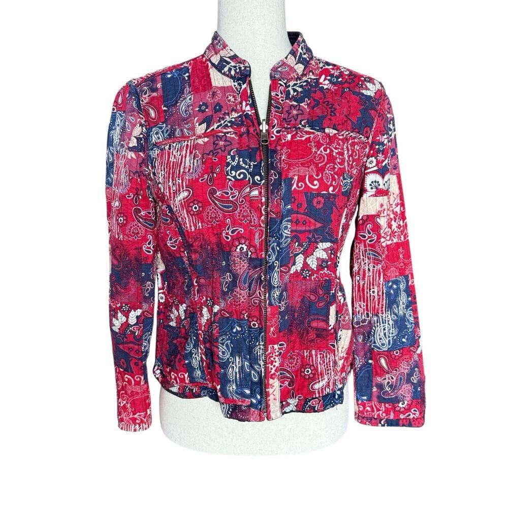 Christopher & Banks Patchwork Quilted Jacket Red Blue Boho Artsy Coat Size PM